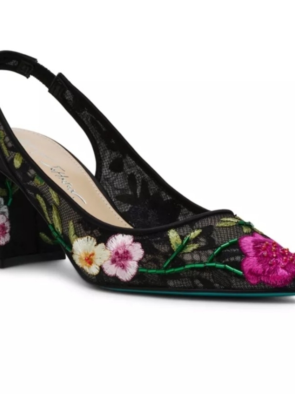 Betsey Johnson Black Floral Embroidered Slingback Pumps